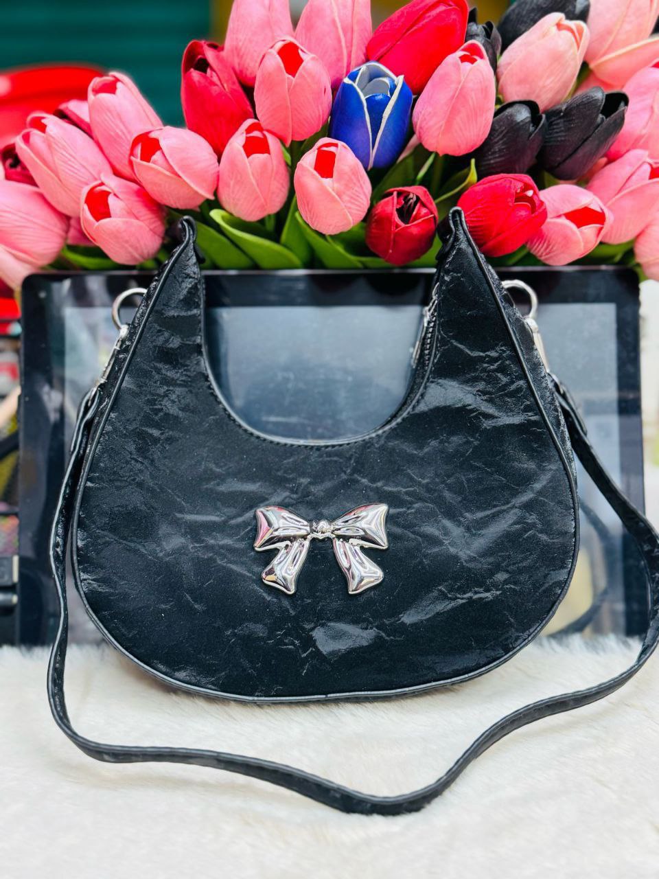 PU Leather Women Shoulder Messenger Bag – Fashion Bow Design Casual Commuter Underarm Handbag - Image 8