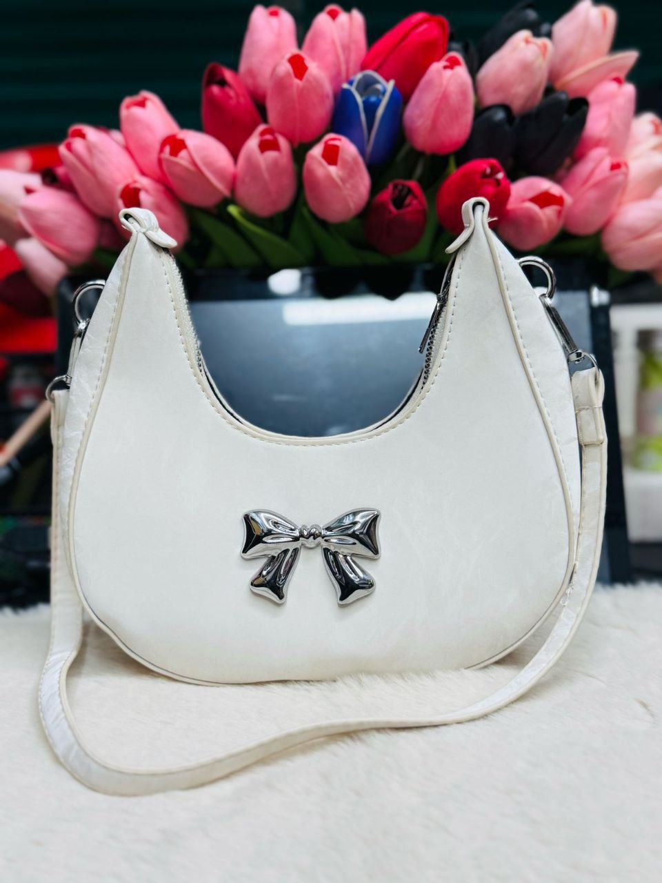 PU Leather Women Shoulder Messenger Bag – Fashion Bow Design Casual Commuter Underarm Handbag - Image 9
